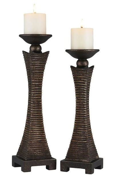 Set of Two Bronze Polyresin Woven Tabletop Pillar Candle Holders With Candle HomeRoots