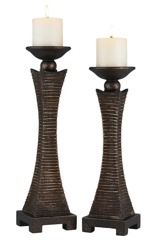 Set of Two Bronze Polyresin Woven Tabletop Pillar Candle Holders With Candle HomeRoots