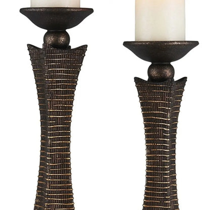 Set of Two Bronze Polyresin Woven Tabletop Pillar Candle Holders With Candle HomeRoots