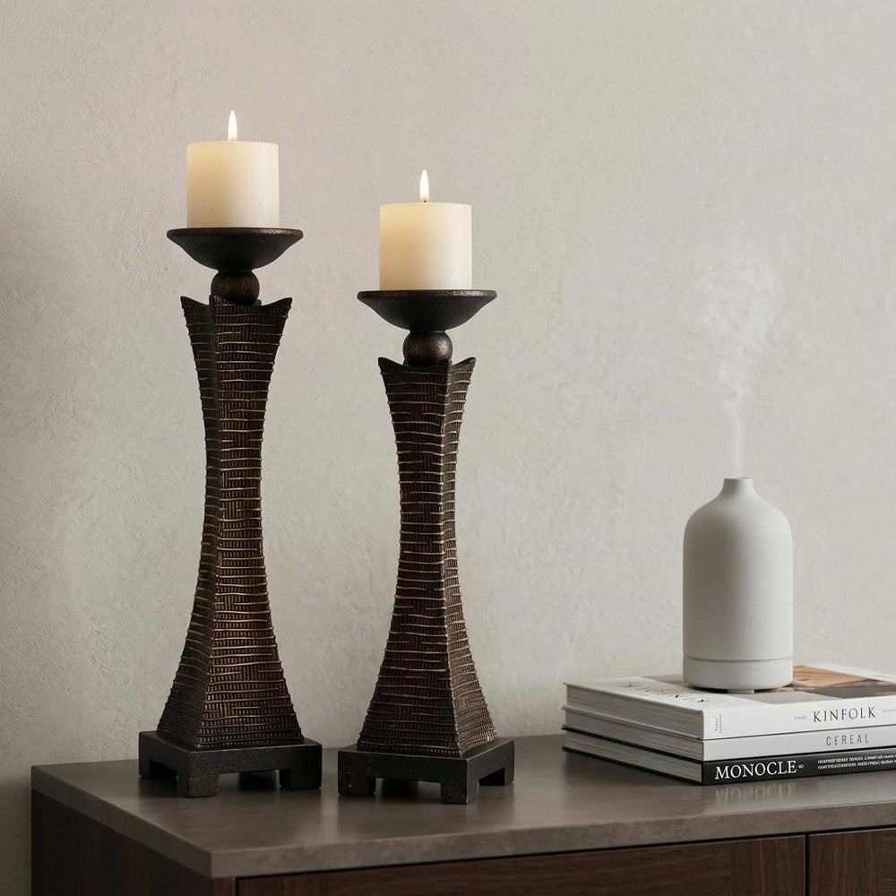 Set of Two Bronze Polyresin Woven Tabletop Pillar Candle Holders With Candle HomeRoots