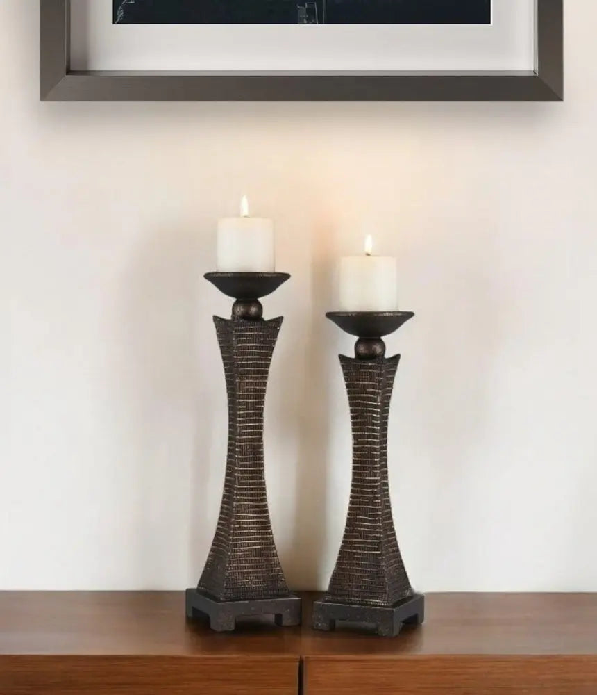 Set of Two Bronze Polyresin Woven Tabletop Pillar Candle Holders With Candle HomeRoots