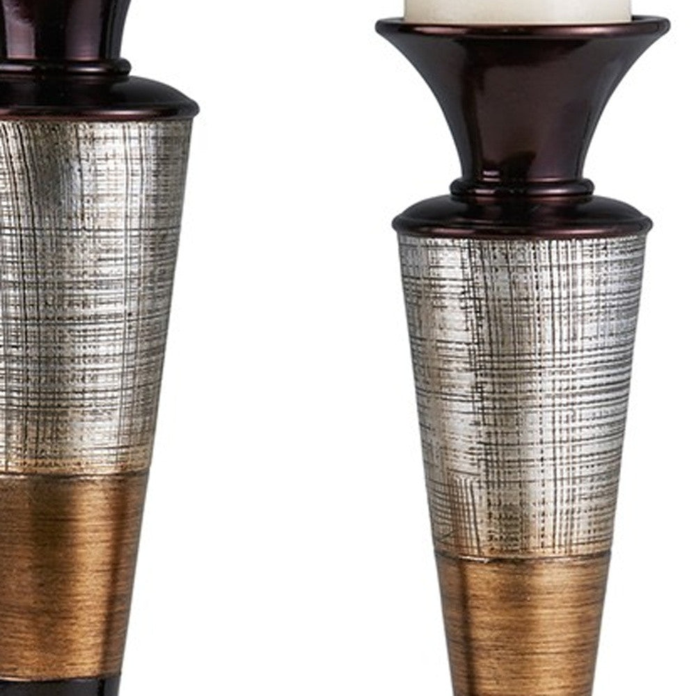 Set of Two Espresso Silver and Gold Polyresin Striped Centerpiece Pillar Candle Holders With Candle