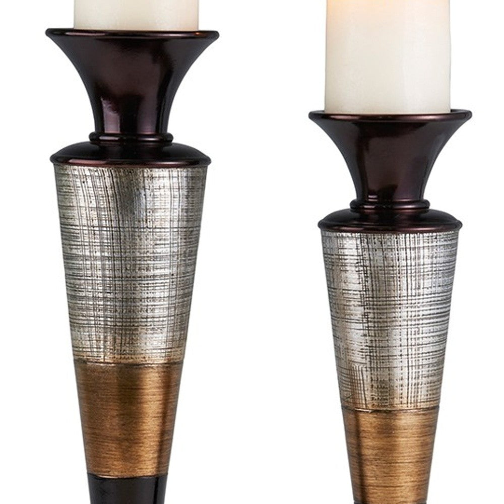 Set Of Two Silver and Brown Pillar Tabletop Pillar Candle Holder