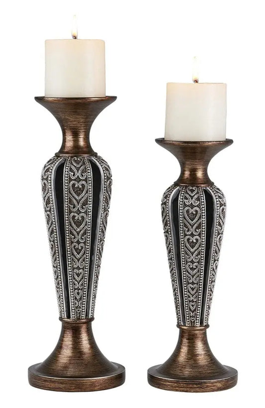 Set of Two Bronze and Silver Polyresin Hearts Centerpiece Pillar Candle Holders With Candle HomeRoots