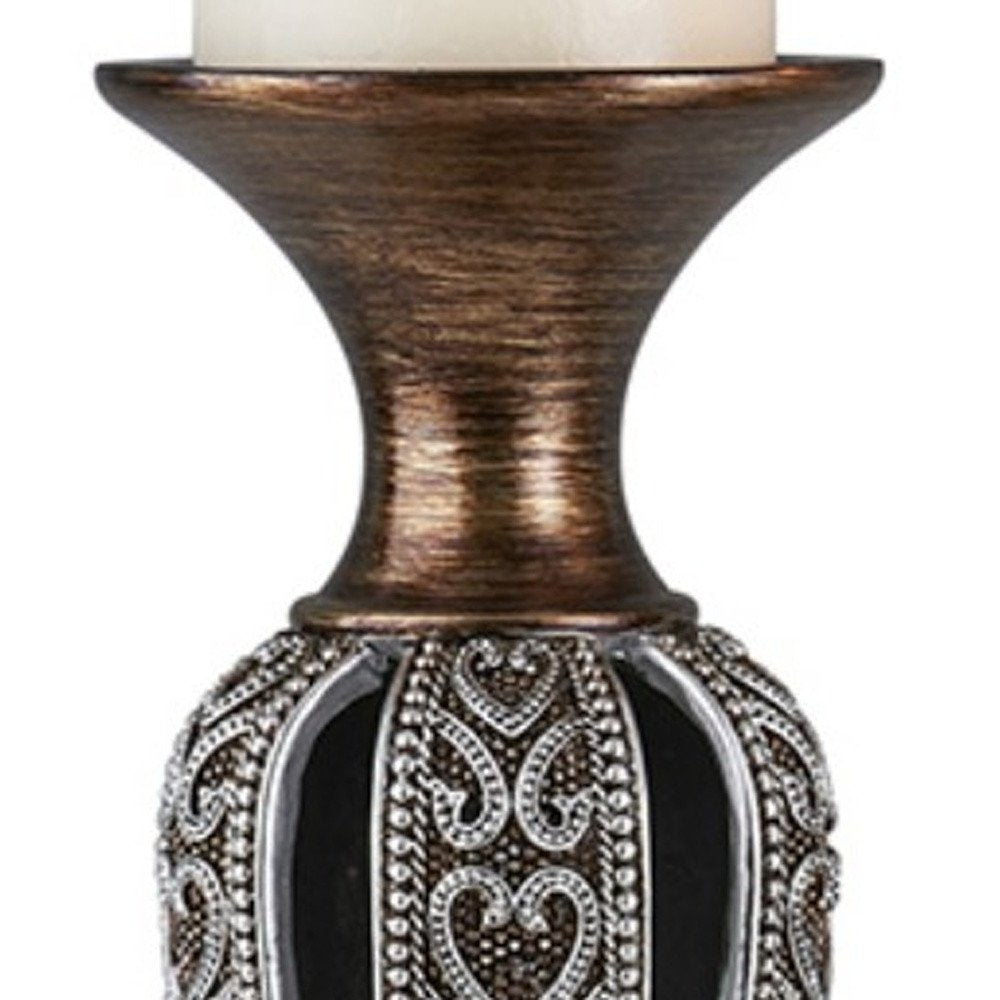 Set of Two Bronze and Silver Polyresin Hearts Centerpiece Pillar Candle Holders With Candle HomeRoots
