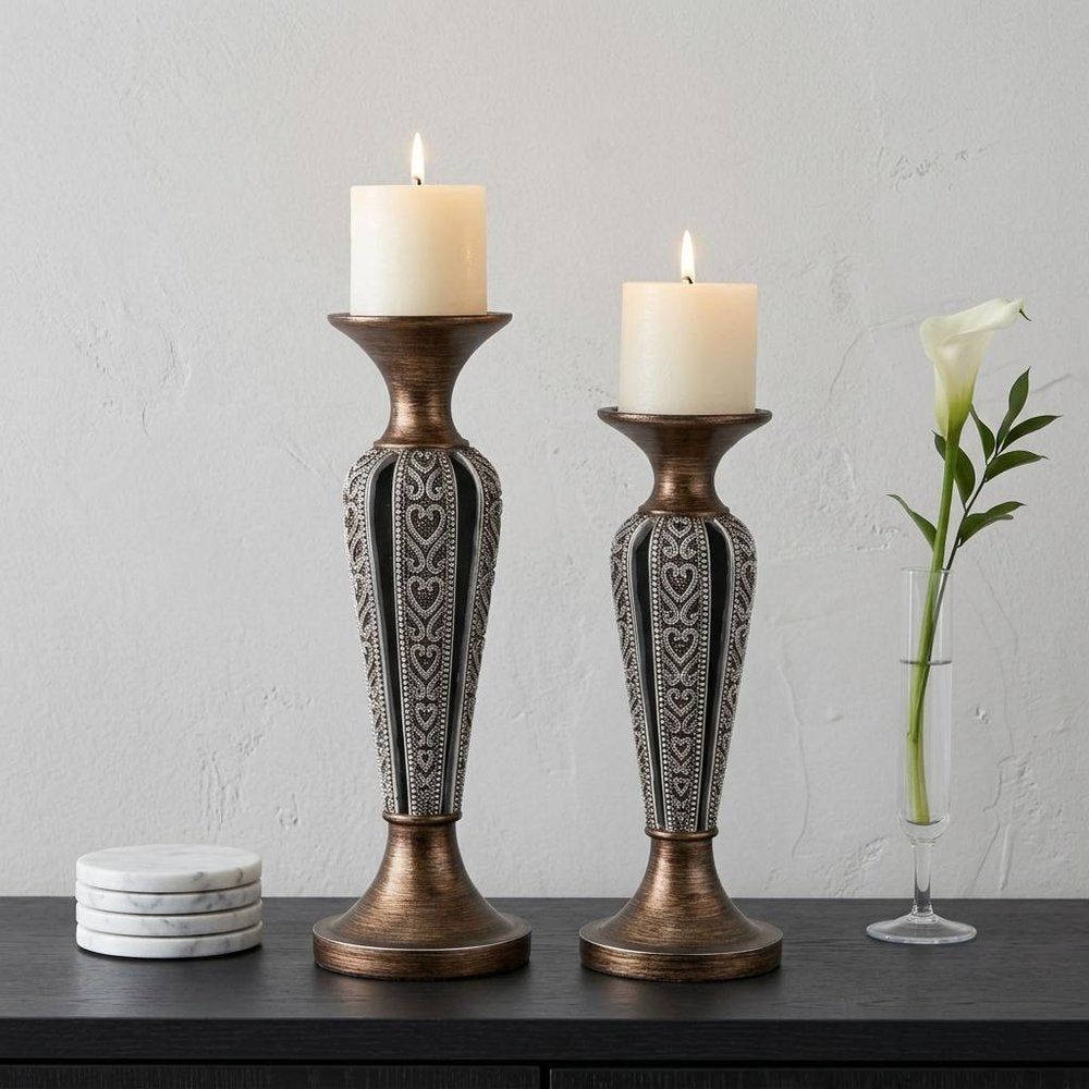 Set of Two Bronze and Silver Polyresin Hearts Centerpiece Pillar Candle Holders With Candle HomeRoots