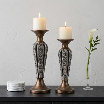Set of Two Bronze and Silver Polyresin Hearts Centerpiece Pillar Candle Holders With Candle HomeRoots