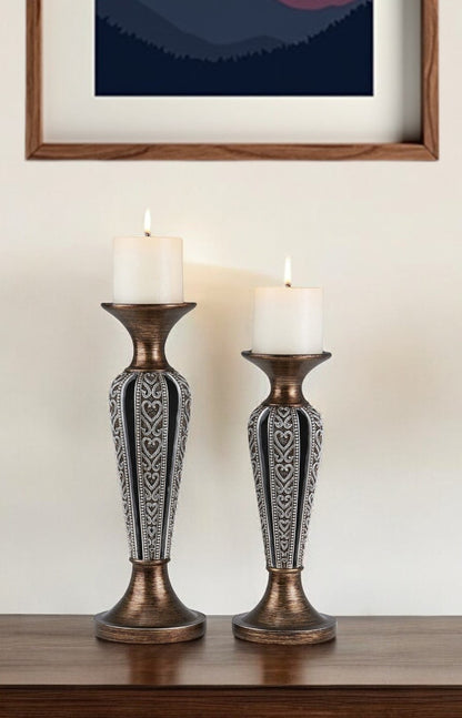 Set of Two Bronze and Silver Polyresin Hearts Centerpiece Pillar Candle Holders With Candle