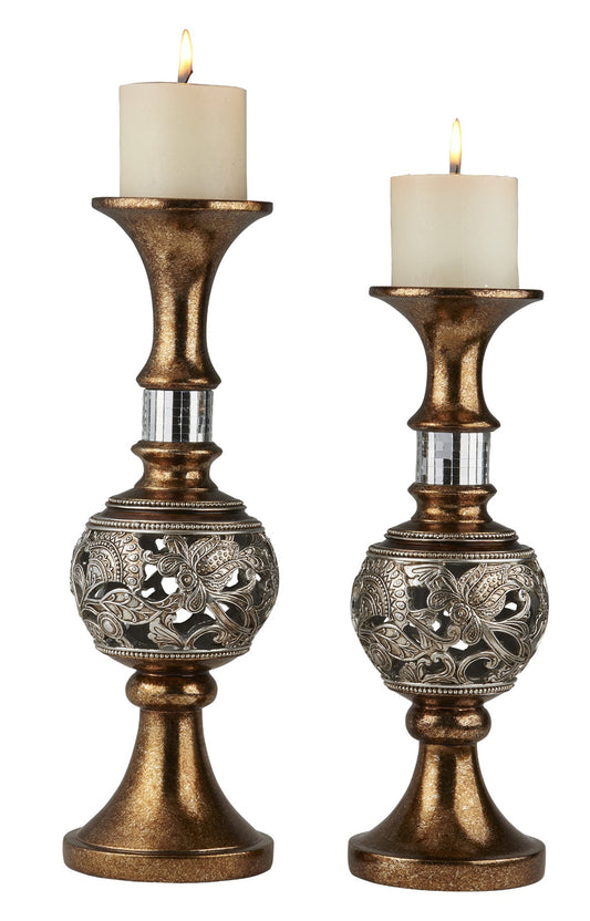 Set of Two Gold and Silver Polyresin Filigree Centerpiece Pillar Candle Holders With Candle