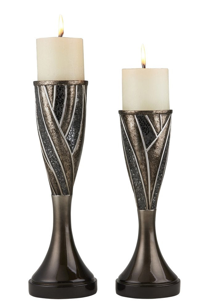 Set of Two Black Silver and Bronze Polyresin Abstract Centerpiece Pillar Candle Holders With Candle HomeRoots