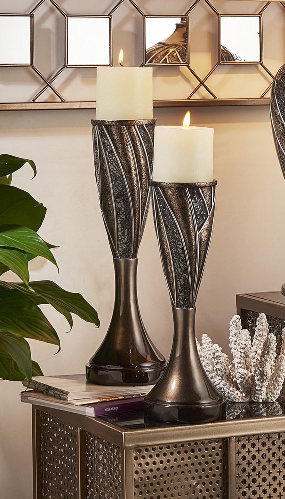 Set of Two Black Silver and Bronze Polyresin Abstract Centerpiece Pillar Candle Holders With Candle HomeRoots