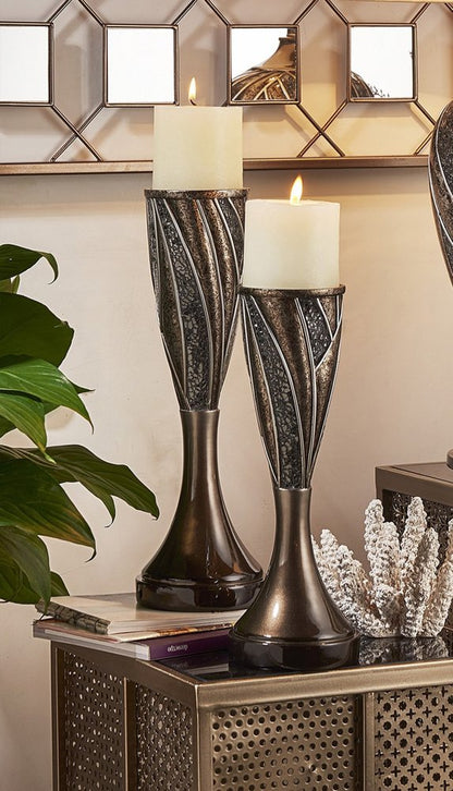Set of Two Black Silver and Bronze Polyresin Abstract Centerpiece Pillar Candle Holders With Candle HomeRoots