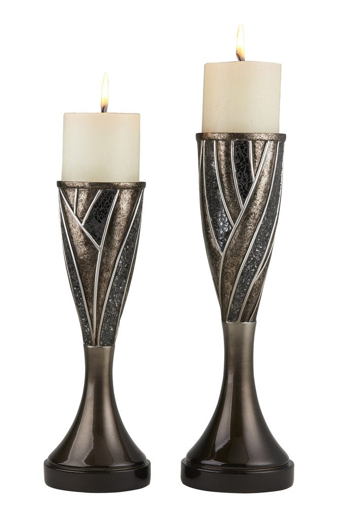Set of Two Black Silver and Bronze Polyresin Abstract Centerpiece Pillar Candle Holders With Candle HomeRoots