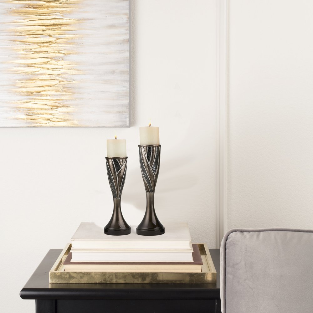 Set of Two Black Silver and Bronze Polyresin Abstract Centerpiece Pillar Candle Holders With Candle HomeRoots