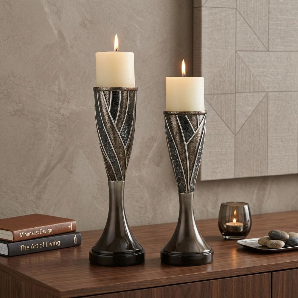 Set of Two Black Silver and Bronze Polyresin Abstract Centerpiece Pillar Candle Holders With Candle HomeRoots