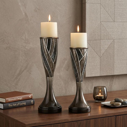 Set of Two Black Silver and Bronze Polyresin Abstract Centerpiece Pillar Candle Holders With Candle HomeRoots