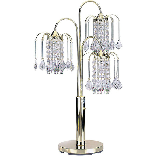 34" Gold and Faux Crystal Three Light Chandelier Table Lamp HomeRoots