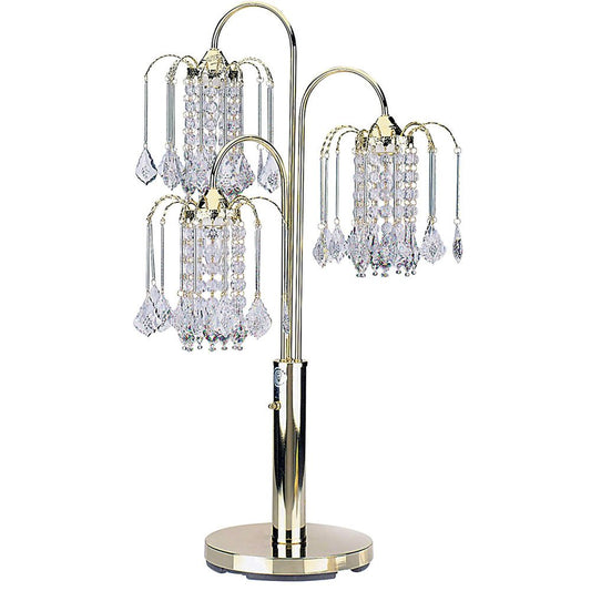 34" Gold and Faux Crystal Three Light Chandelier Table Lamp HomeRoots