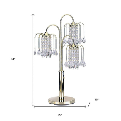34" Gold and Faux Crystal Three Light Chandelier Table Lamp HomeRoots