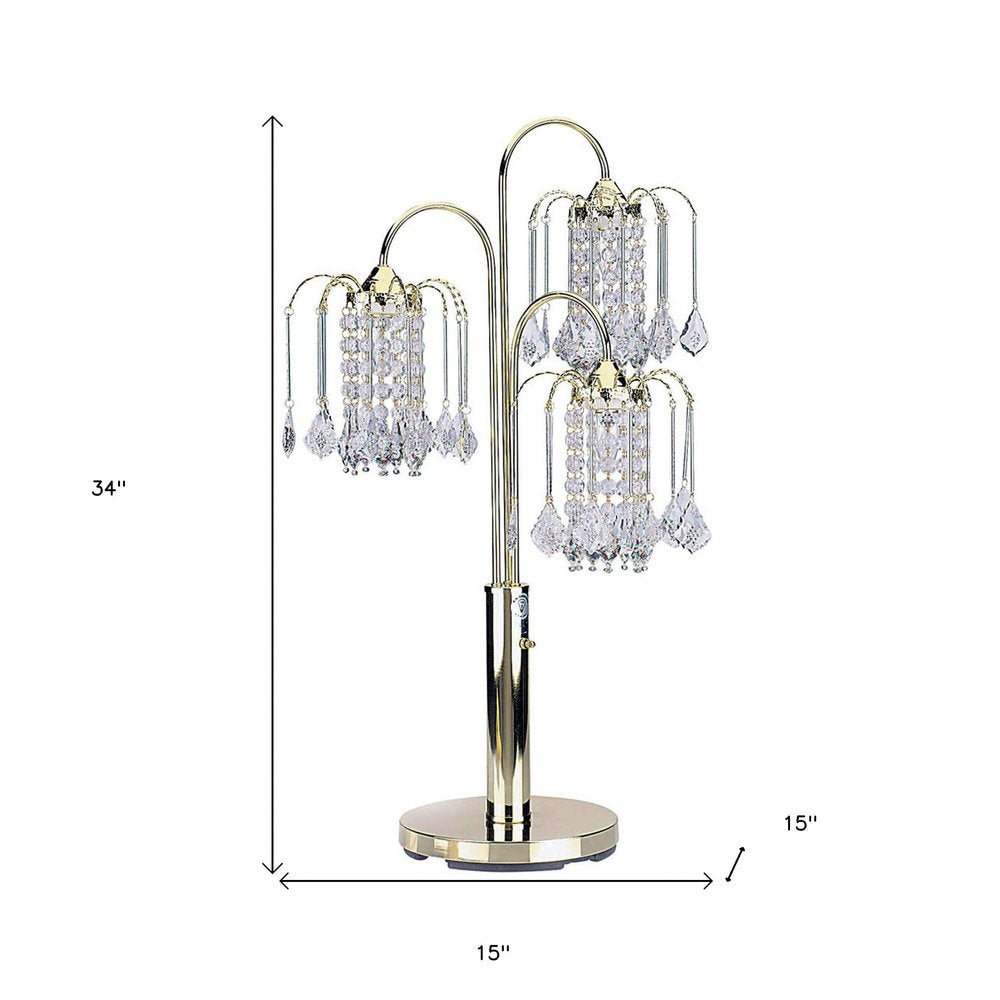 34" Gold and Faux Crystal Three Light Chandelier Table Lamp HomeRoots