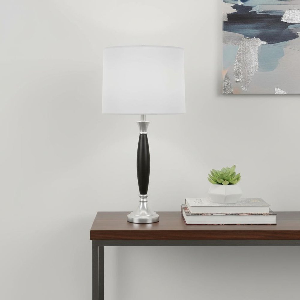 30" Black Solid Wood Bedside Table Lamp With White Shade HomeRoots