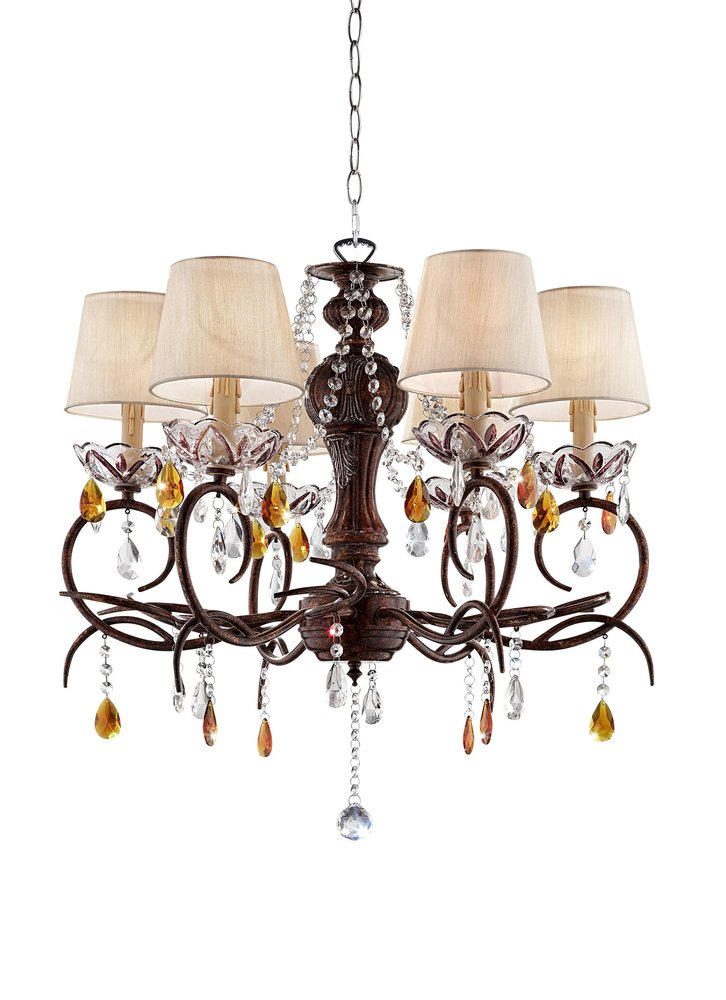 Brown And White Shaded Four Light Metal and Crystal Glass Chandelier With White Shades HomeRoots