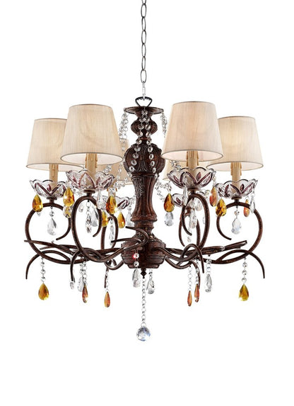 Brown And White Shaded Four Light Metal and Crystal Glass Chandelier With White Shades HomeRoots