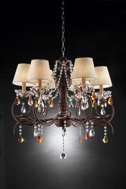Brown And White Shaded Four Light Metal and Crystal Glass Chandelier With White Shades HomeRoots