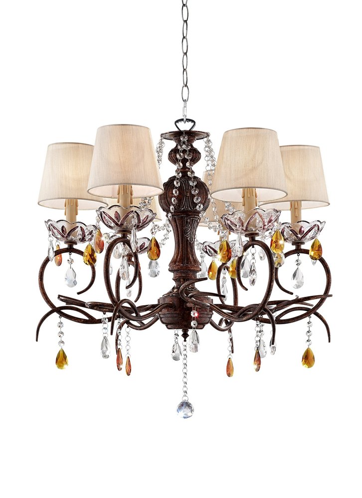 Brown And White Shaded Four Light Metal and Crystal Glass Chandelier With White Shades HomeRoots