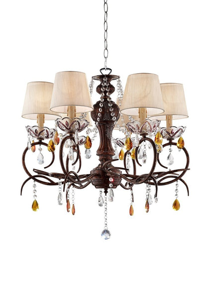 Brown And White Shaded Four Light Metal and Crystal Glass Chandelier With White Shades HomeRoots