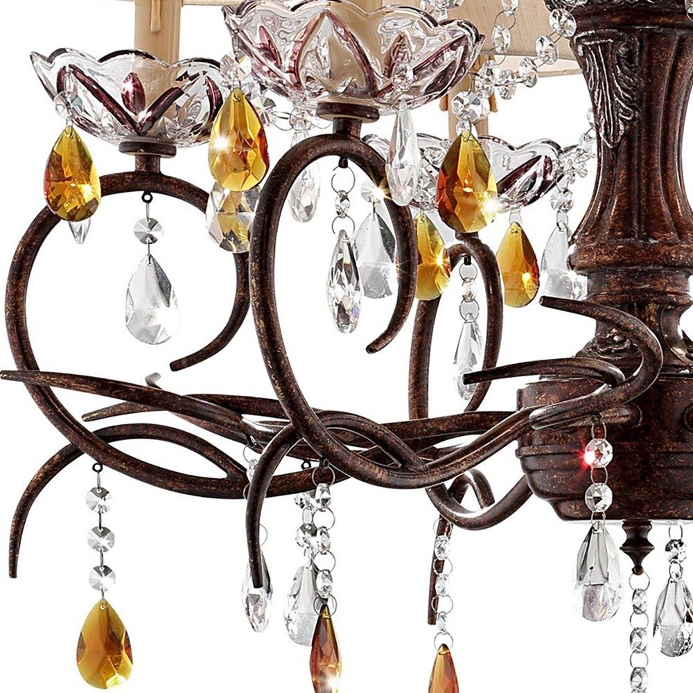 Brown And White Shaded Four Light Metal and Crystal Glass Chandelier With White Shades HomeRoots