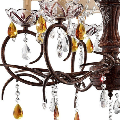Brown And White Shaded Four Light Metal and Crystal Glass Chandelier With White Shades HomeRoots