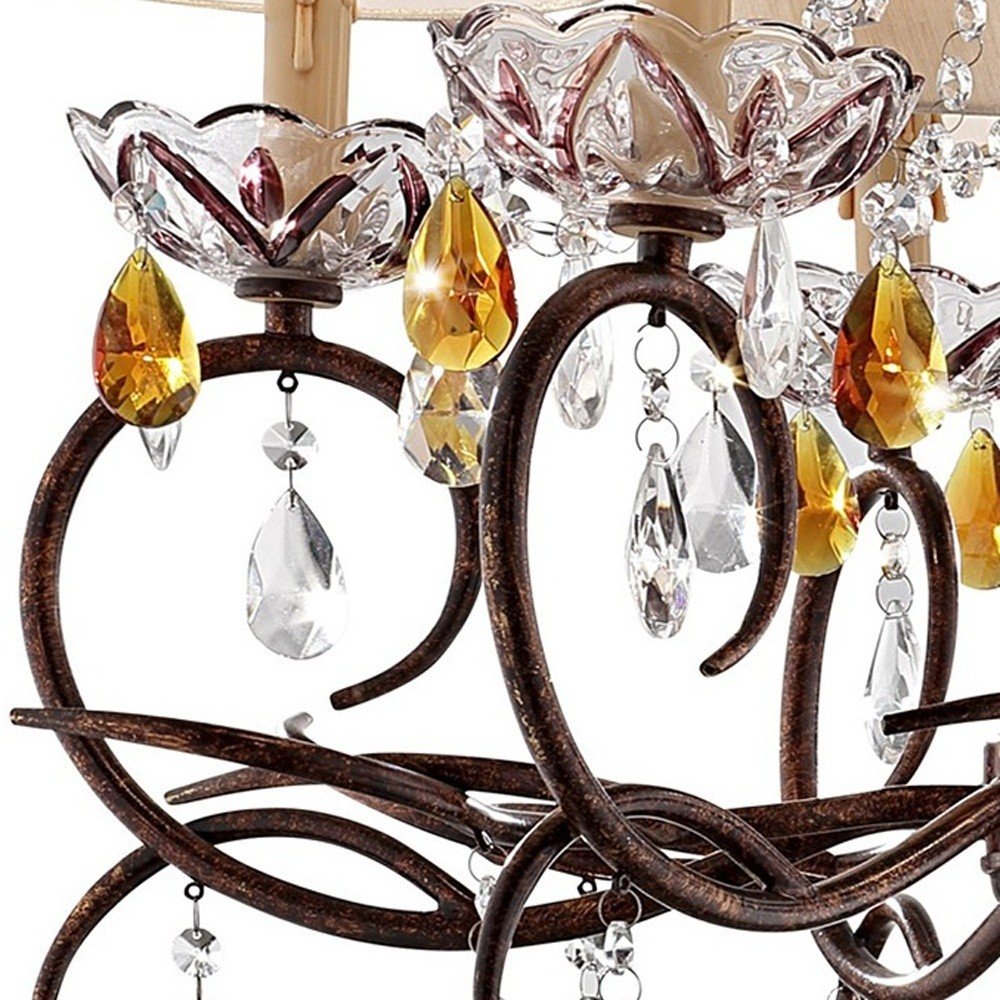 Brown And White Shaded Four Light Metal and Crystal Glass Chandelier With White Shades HomeRoots