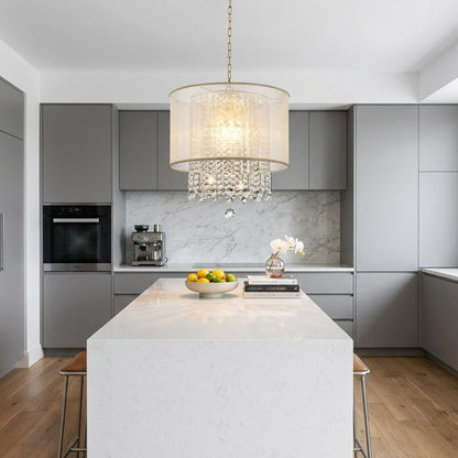 Primo Gold Finish Ceiling Lamp with Crystal Accents and White Shade HomeRoots