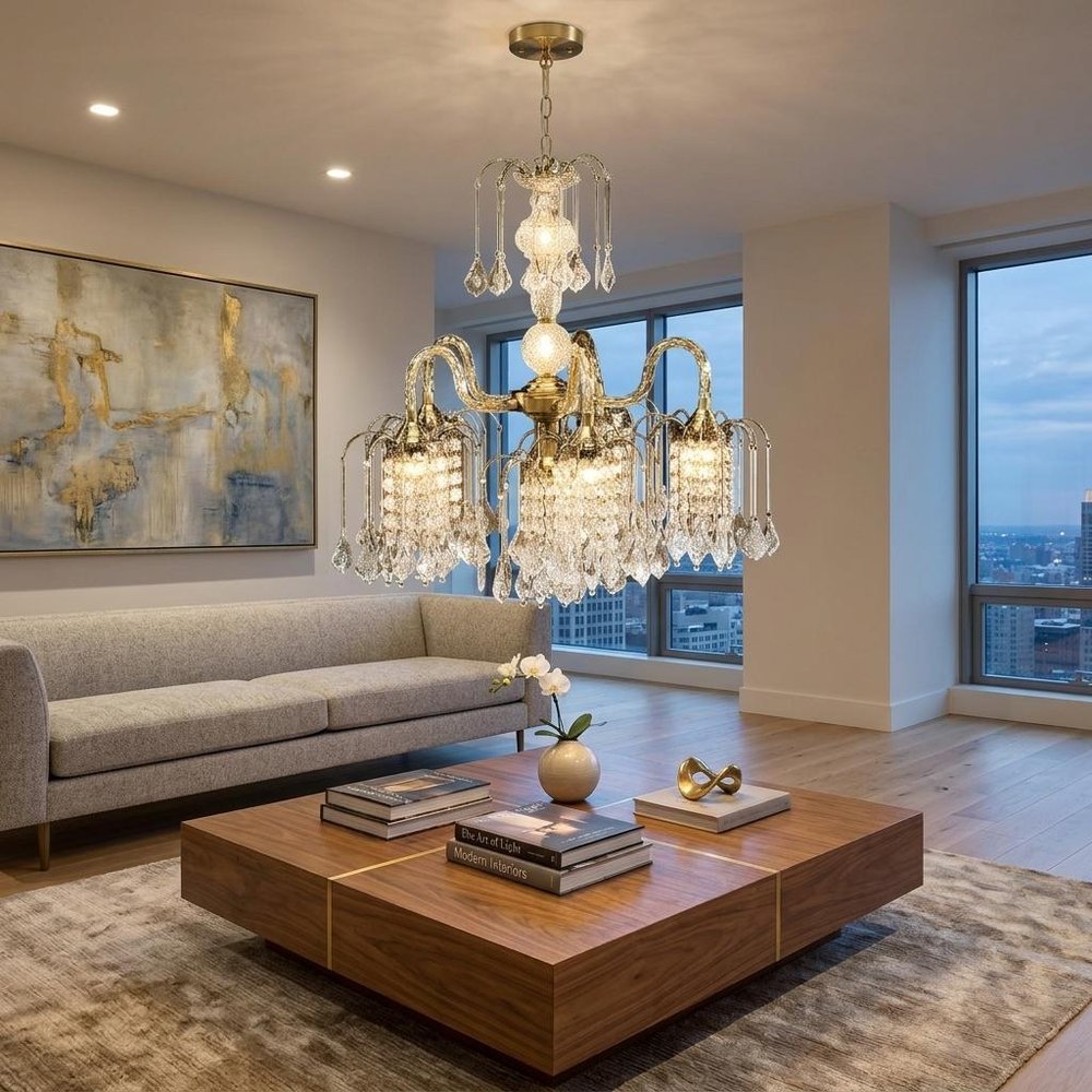 Two Tier Crystal and Brass Hanging Chandelier Light HomeRoots
