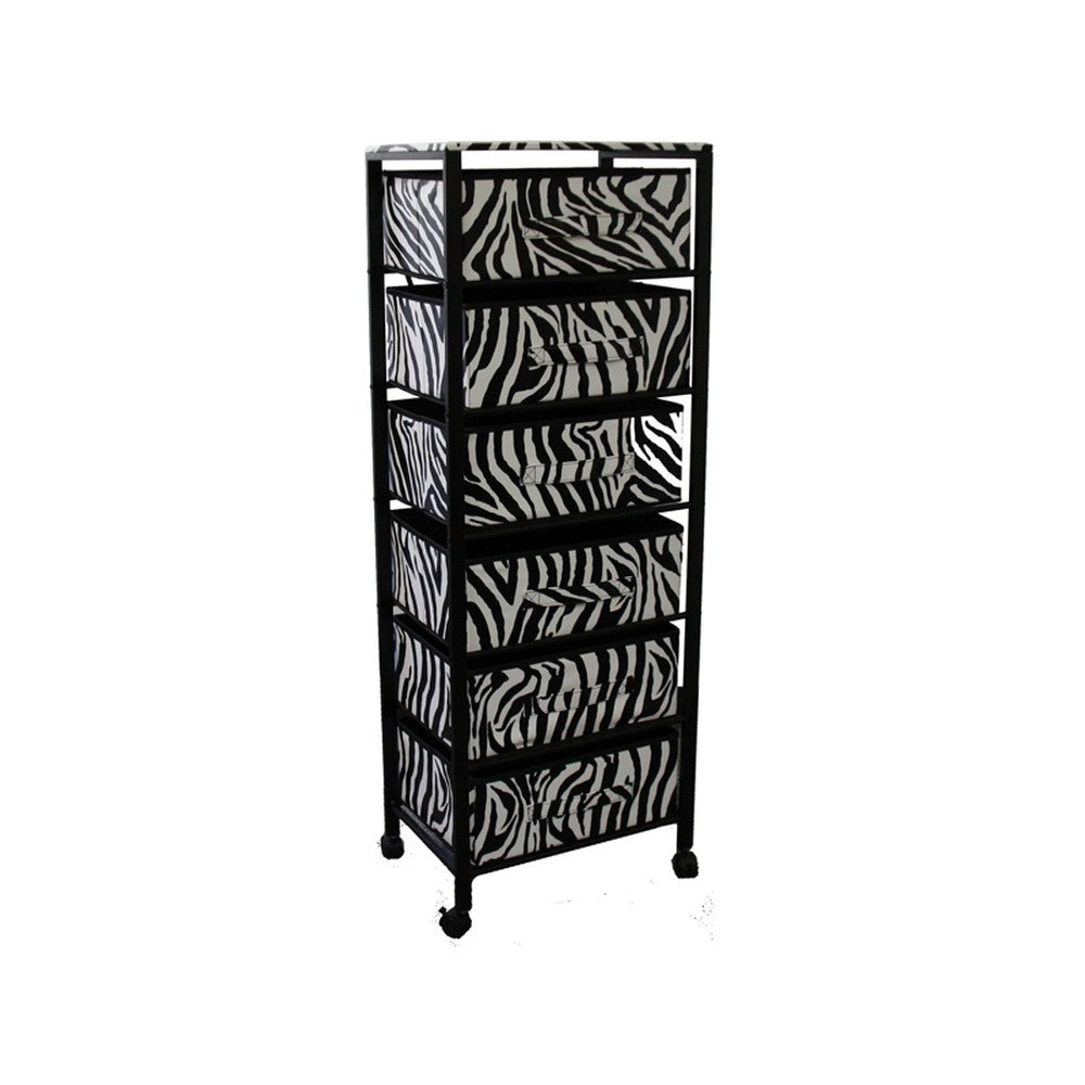 Zebra Black and White Rolling Six Drawer Tower Organizer - FurniFindUSA