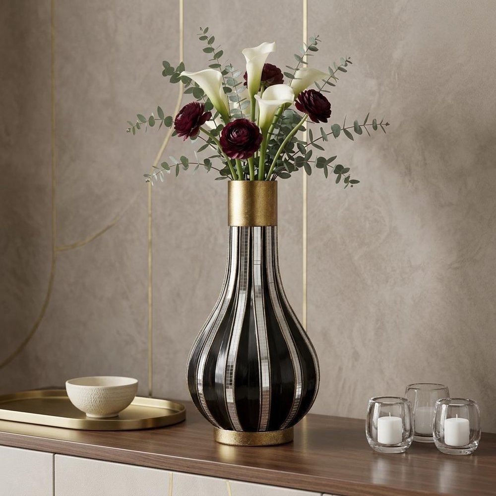 16" Gold and Black Striped Bud Polyresin Table Vase HomeRoots
