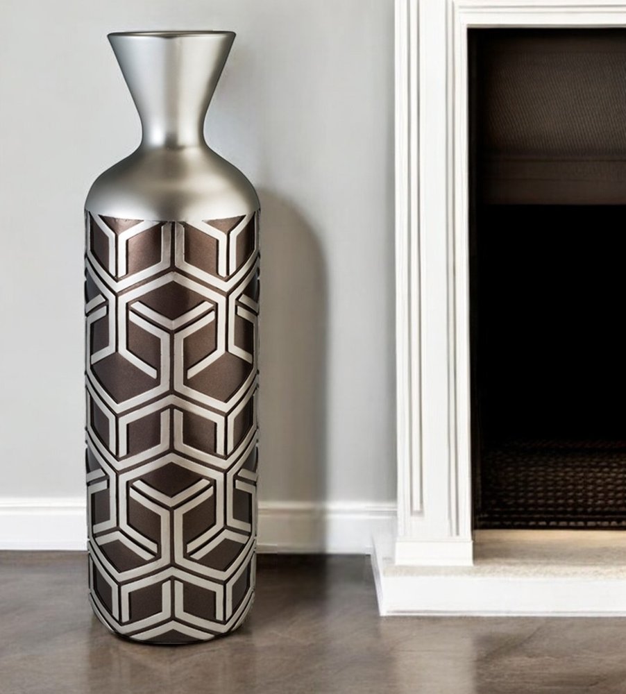 22" Brown and Silver Geometric Cylinder Polyresin Floor Vase HomeRoots