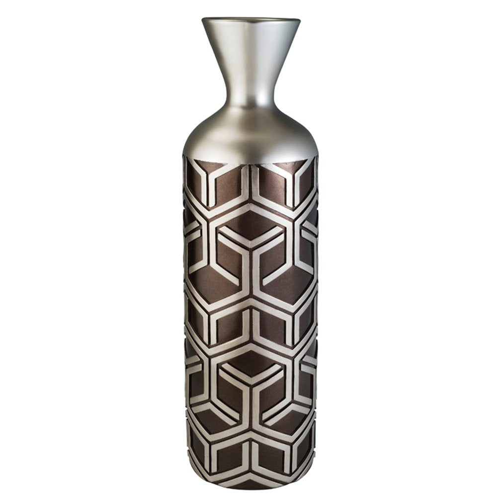 22" Brown and Silver Geometric Cylinder Polyresin Floor Vase HomeRoots