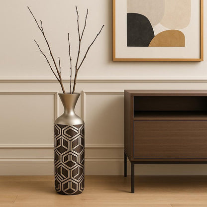 22" Brown and Silver Geometric Cylinder Polyresin Floor Vase HomeRoots