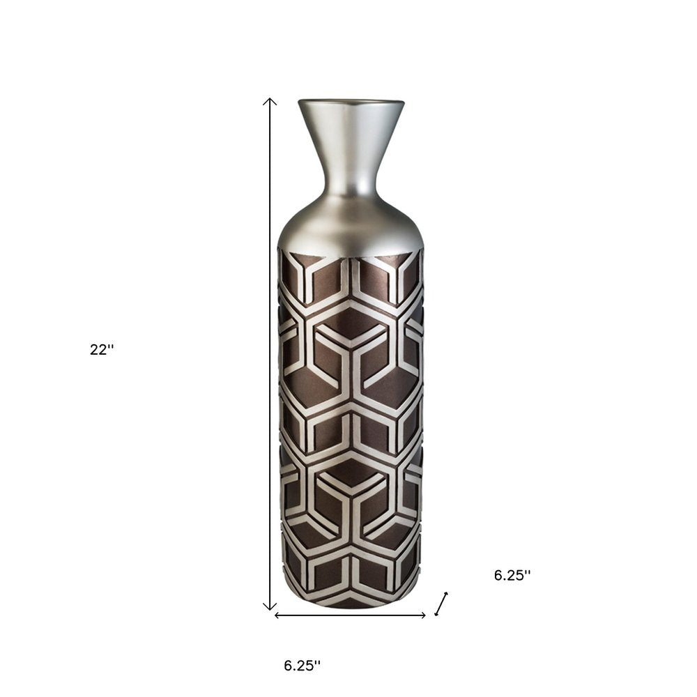 22" Brown and Silver Geometric Cylinder Polyresin Floor Vase HomeRoots