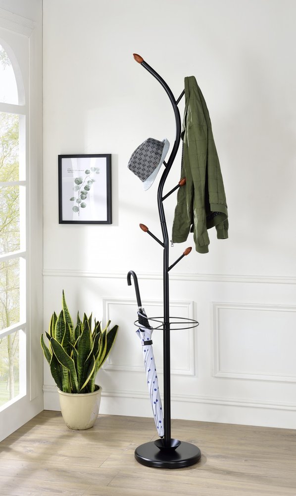 76-Inch-Long Billie Black Tree Coat Rack Walnut Hooks w Umbrella Stand HomeRoots
