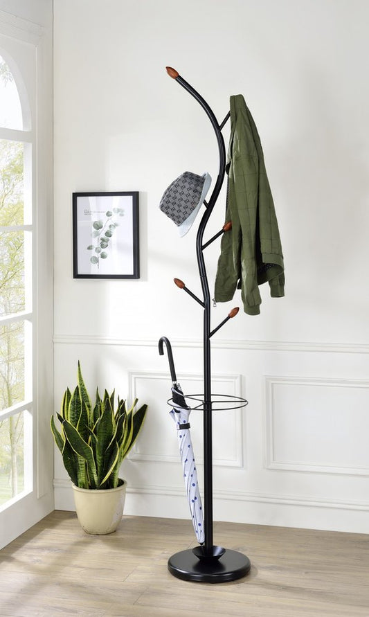 76-Inch-Long Billie Black Tree Coat Rack Walnut Hooks w Umbrella Stand
