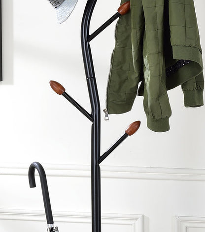 76-Inch-Long Billie Black Tree Coat Rack Walnut Hooks w Umbrella Stand HomeRoots