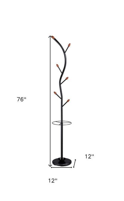 76-Inch-Long Billie Black Tree Coat Rack Walnut Hooks w Umbrella Stand