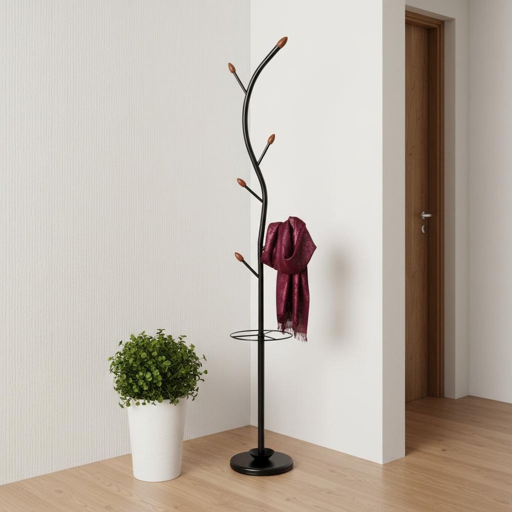 76-Inch-Long Billie Black Tree Coat Rack Walnut Hooks w Umbrella Stand HomeRoots