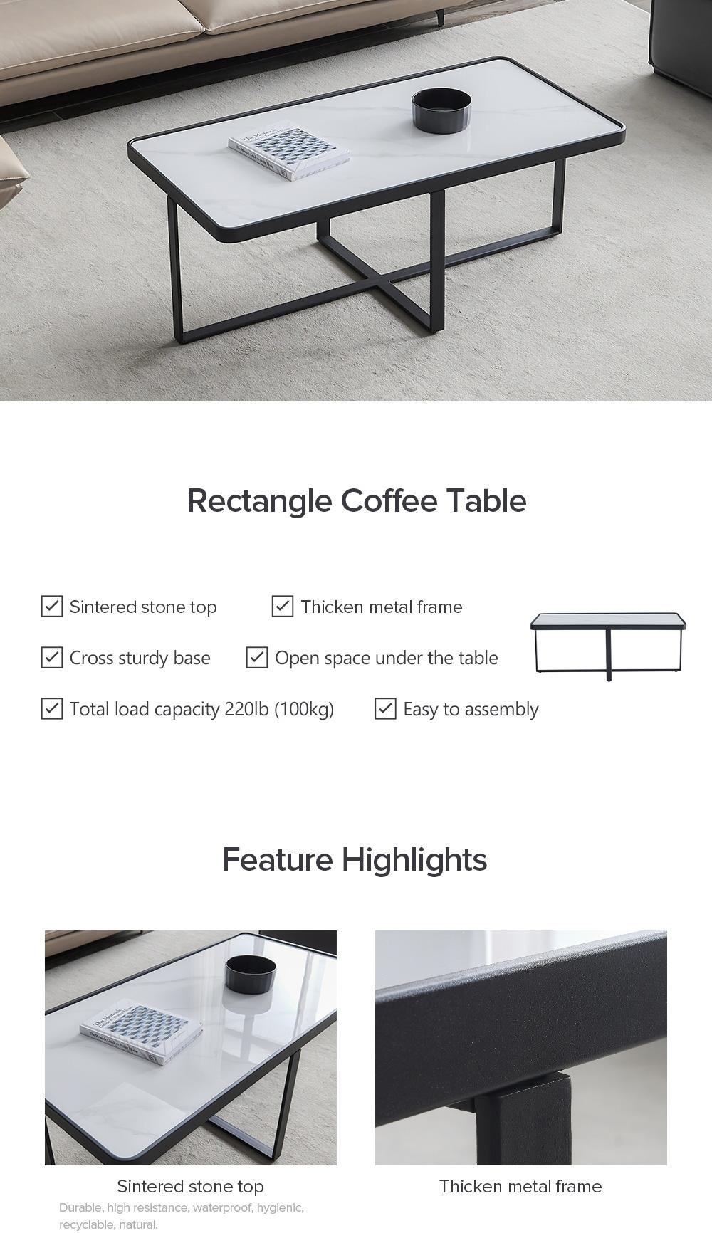 Minimalism rectangle coffee table,Black metal frame with sintered stone tabletop