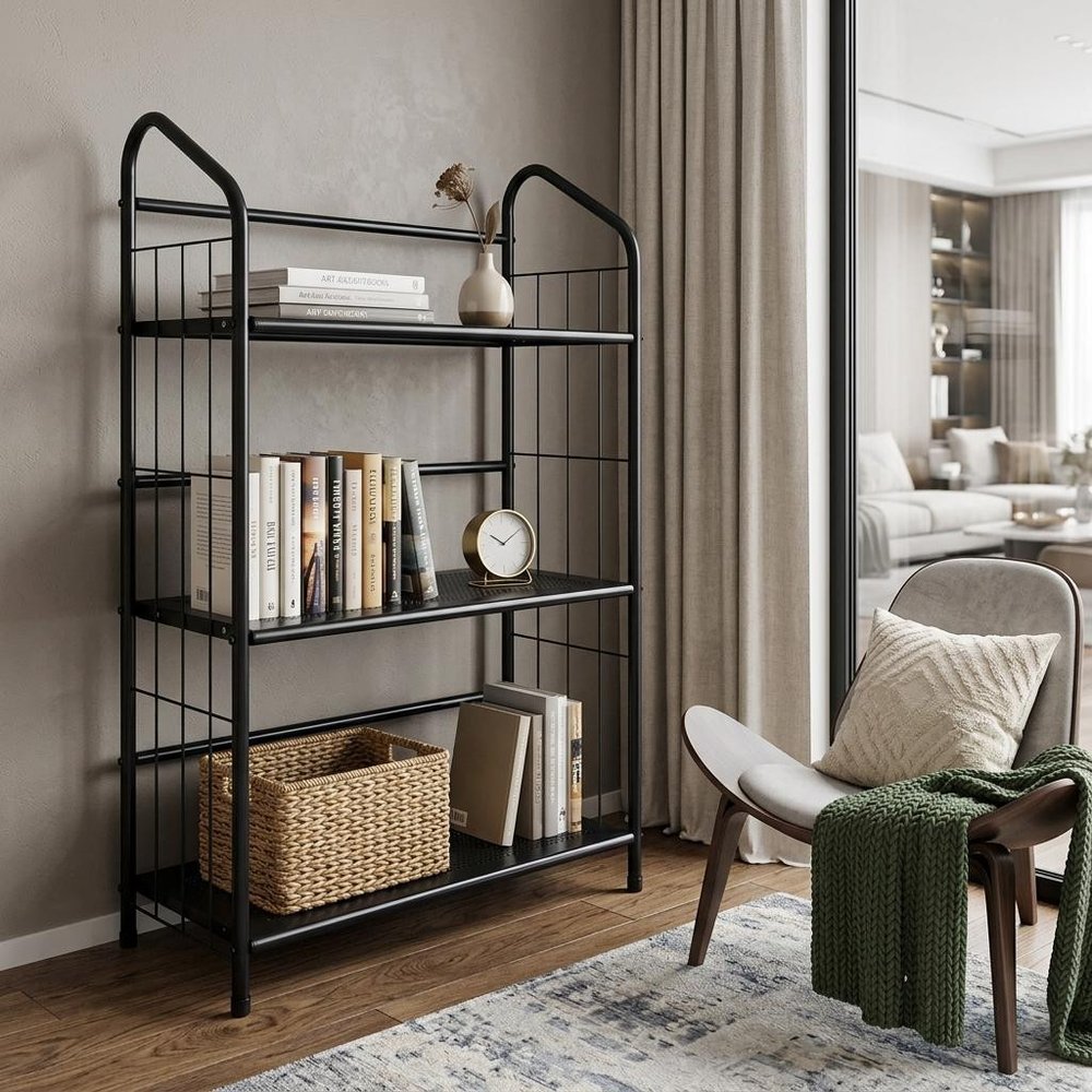 37" Black Metal Three Tier Bookcase HomeRoots