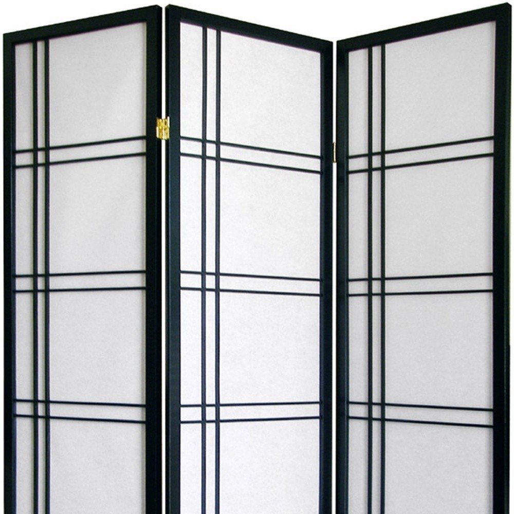 70" Black And White Heavy Duty Rice Paper Folding Three Panel Screen Room Divider HomeRoots