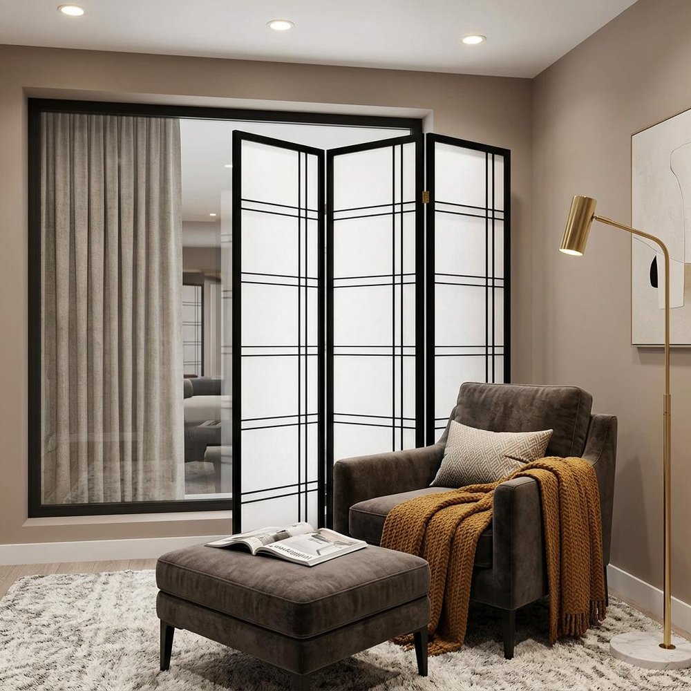 70" Black And White Heavy Duty Rice Paper Folding Three Panel Screen Room Divider HomeRoots